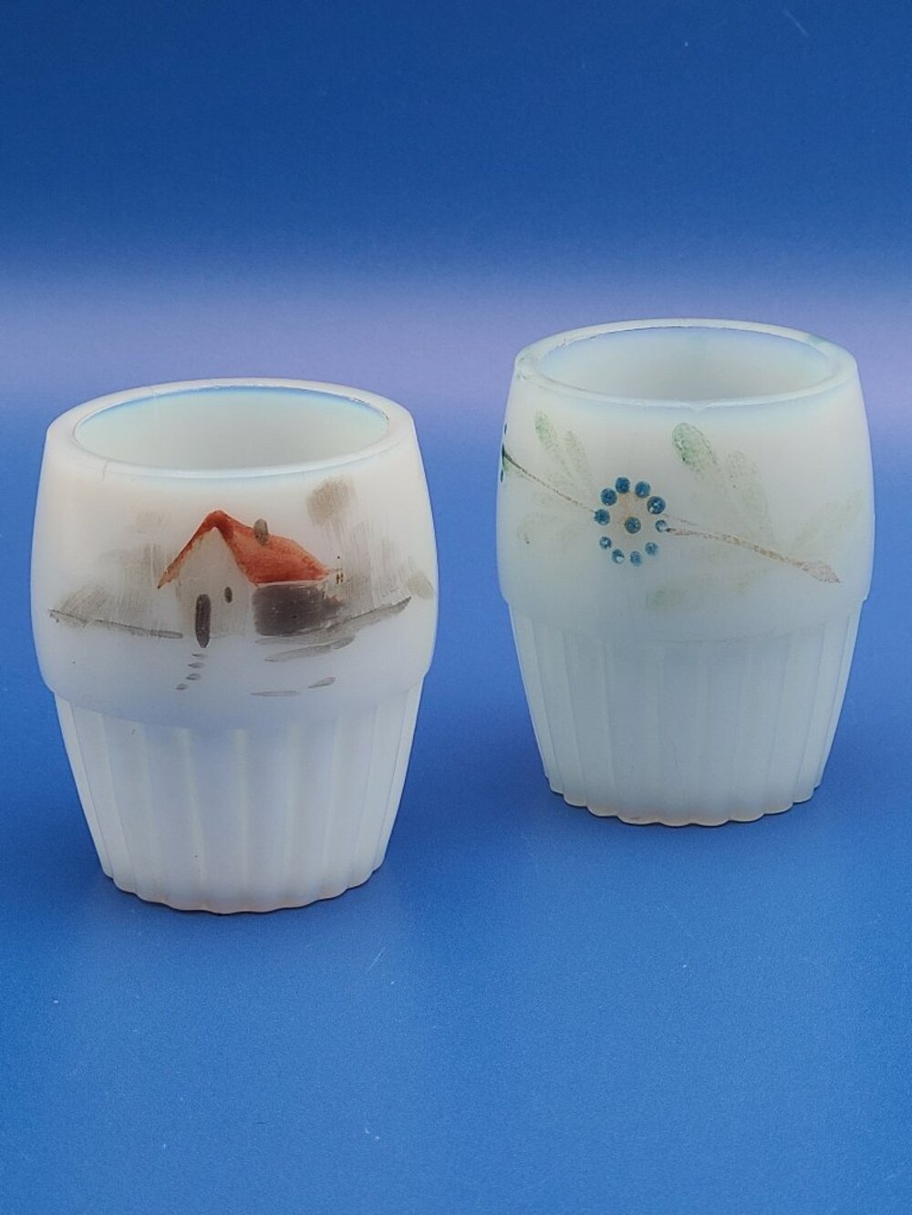 2 Victorian Hand Painted Ribbed Base Milk Glass Toothpick Holders